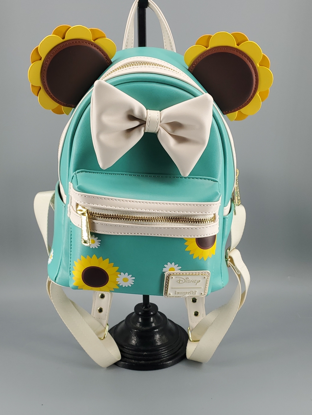 Loungefly Teal Sunflower Mini Backpack with Cream Bow and Yellow Ear Accents